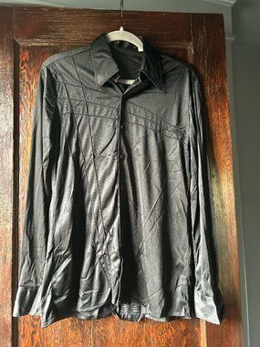 Vintage Black Textured Nylon Button Down Shirt Size Medium